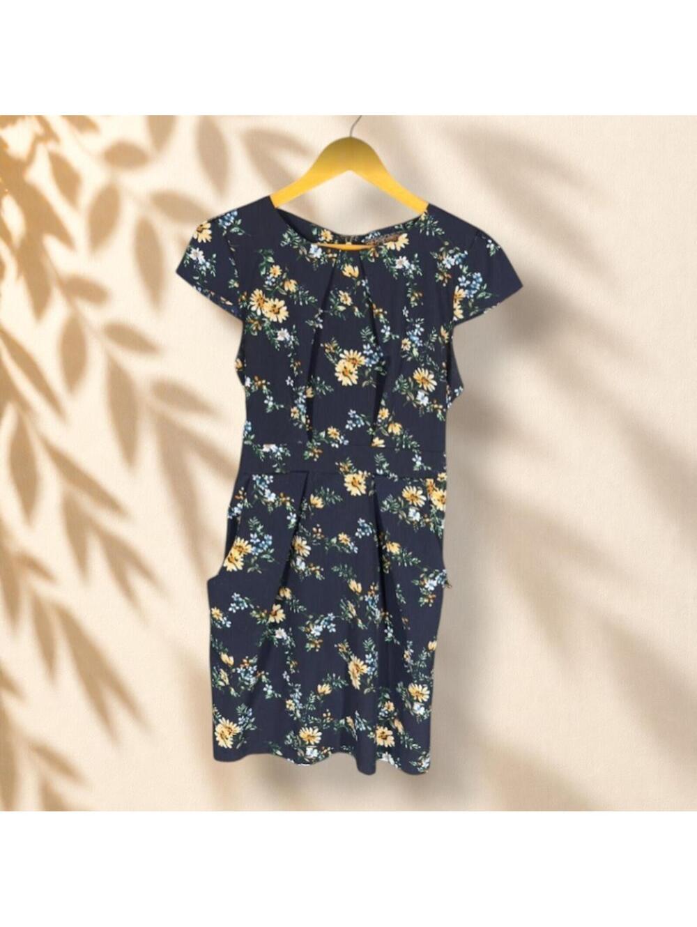 QED London Dress Women 12 Blue Floral Sheath Midi Zipper Short Sleeve Casual